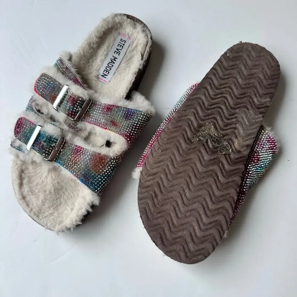Steve Madden Rhinestone Faux Fur Cozy Sandals Size 8.5